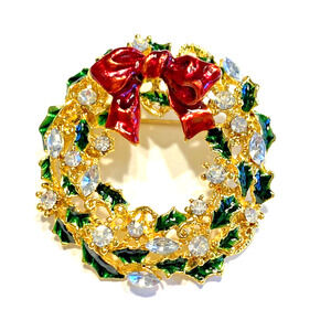 Christmas Brooch Wreath Shaped Pin Festive Holiday Jewelry goldtone red & green